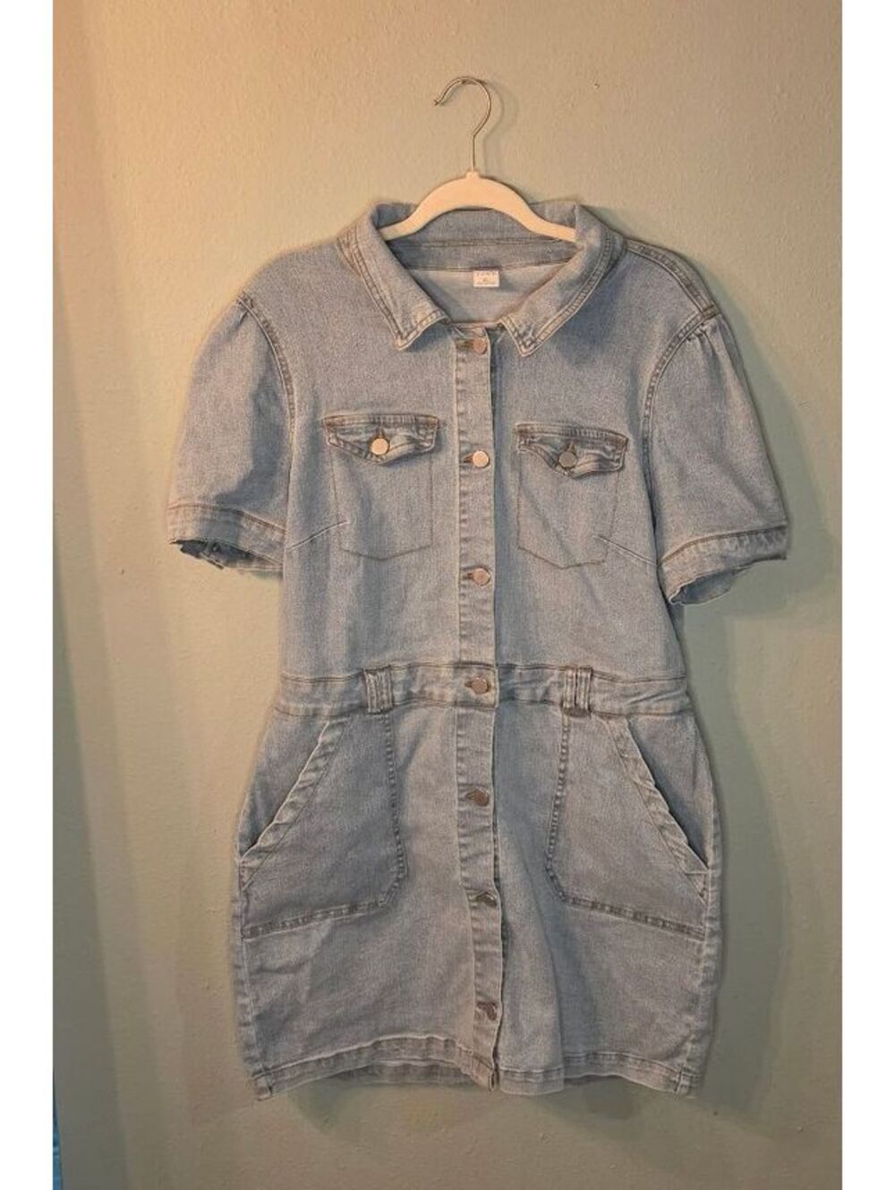 Tinseltown Plus Denim Mini Dress XL Button Front Puff Sleeve Light Wash